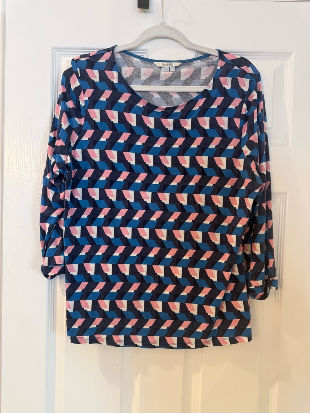 Boden Geometric Boatneck Top - Navy, Pink & White